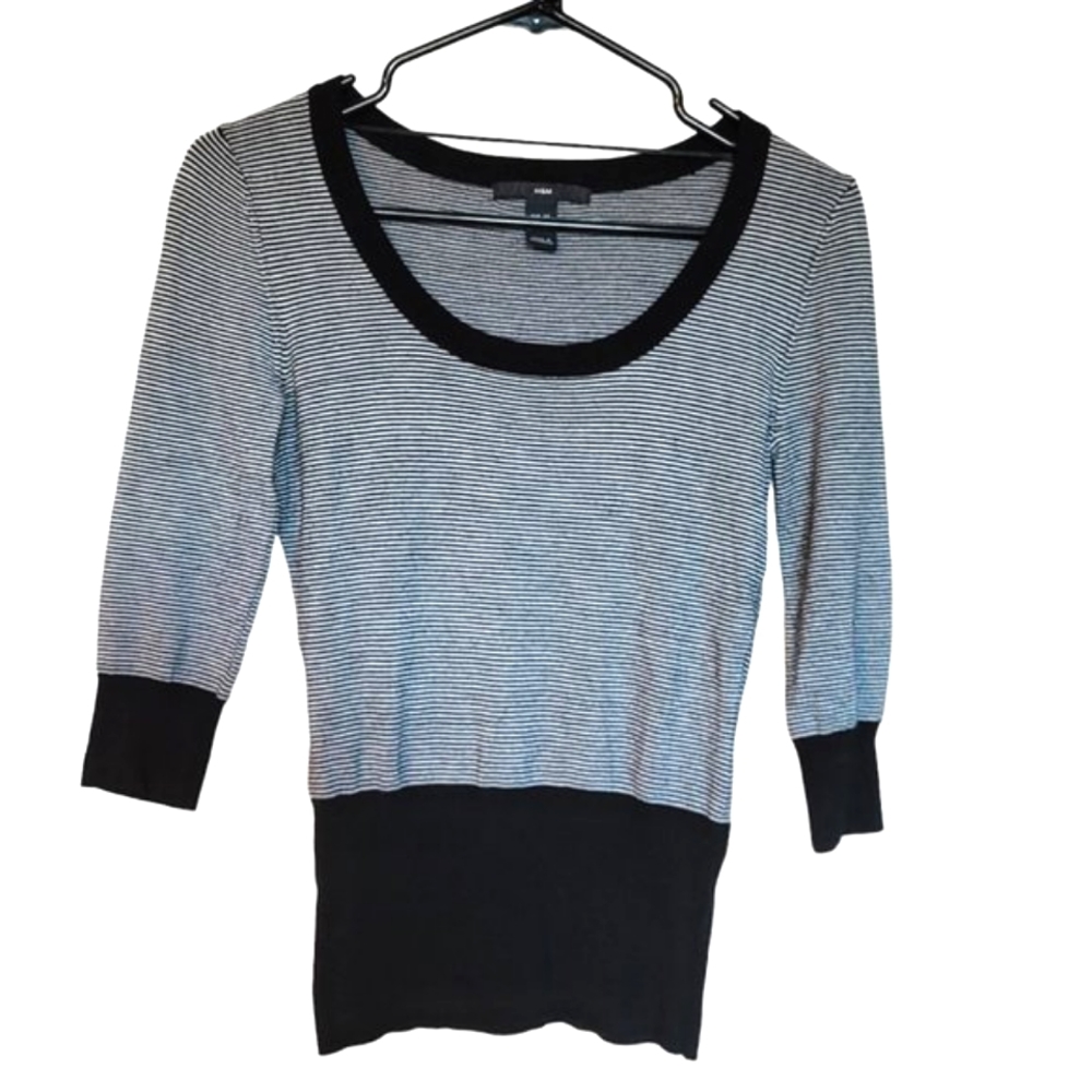 H&M Women's Black & White Striped Sweater Top 3/4 Length Sleeve Size US 4